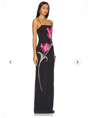 Lovers + Friends Black Maxi Dress with Pink Tulip Motif
